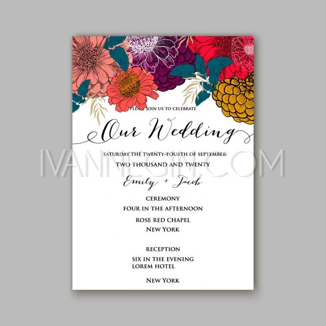 زفاف - Wedding invitation with beautiful flowers zinnia - Unique vector illustrations, christmas cards, wedding invitations, images and photos by Ivan Negin