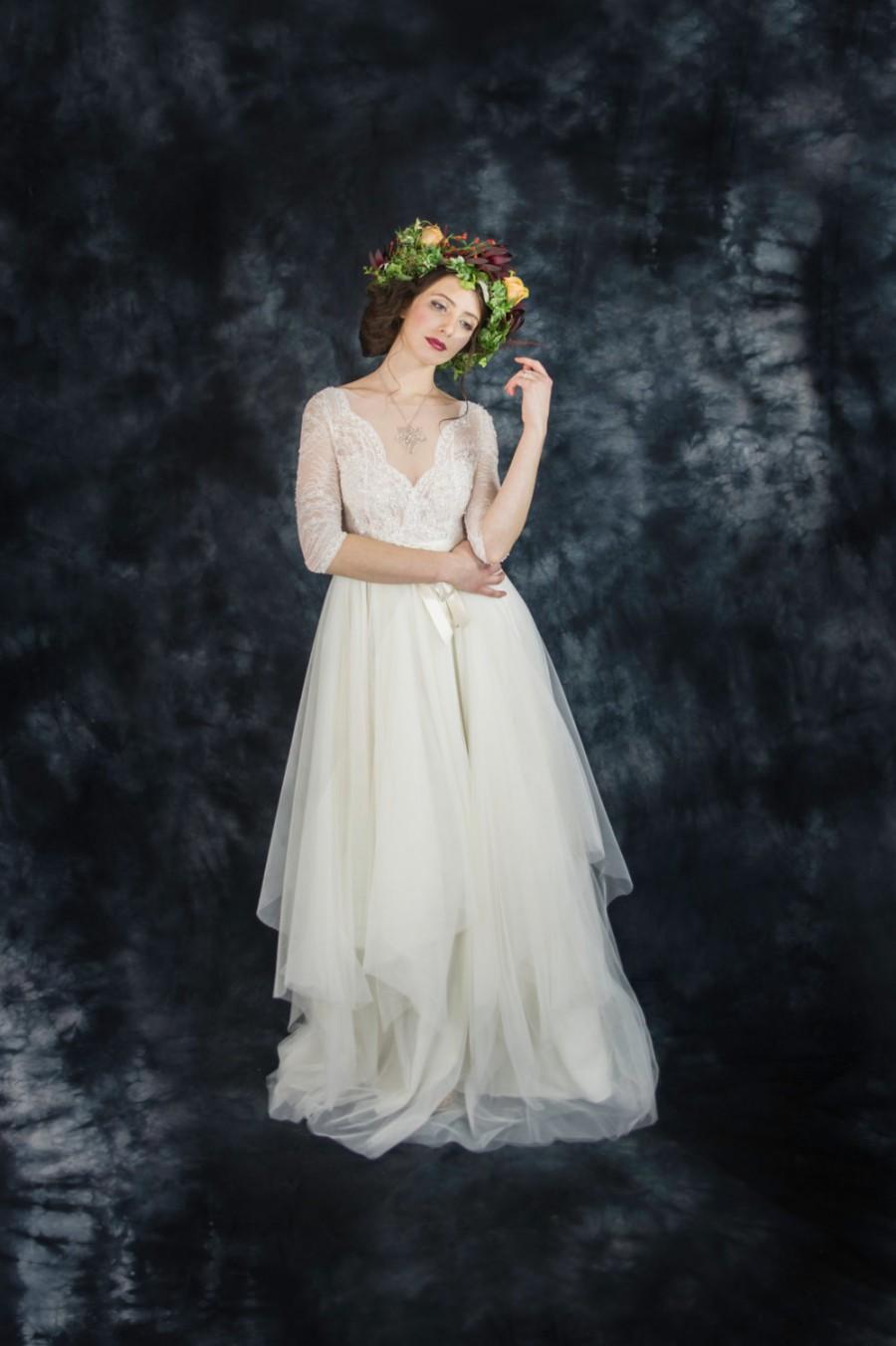 Hochzeit - Ivory lace bohemian wedding dress, boho wedding dress, long sleeve wedding dress, destination wedding dress, beach wedding dress in tulle