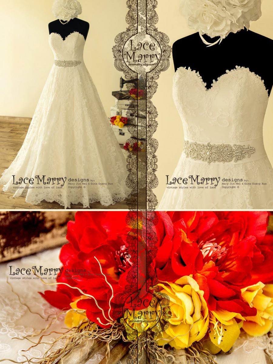 Wedding - Gorgeous Strapless Wedding Dress from Ivory Alencon Lace, A Line Wedding Dresses, Wedding Dress with Beaded Sash, Strapless Wedding Dresses