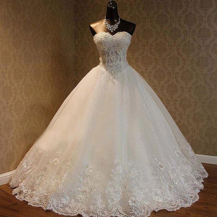 Wedding - Luxury Sweetheart Rhinestone Beaded White Lace Wedding Dresses, Tulle Bridal Gown, WD0025
