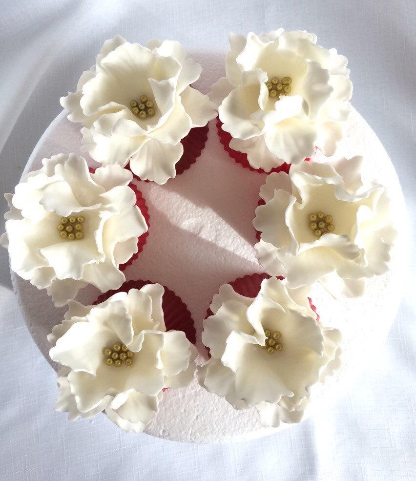 زفاف - fondant flowers, 6 peony cupcake toppers, edible flowers, white gold cake topper decorations vintage birthday wedding bridal baby shower