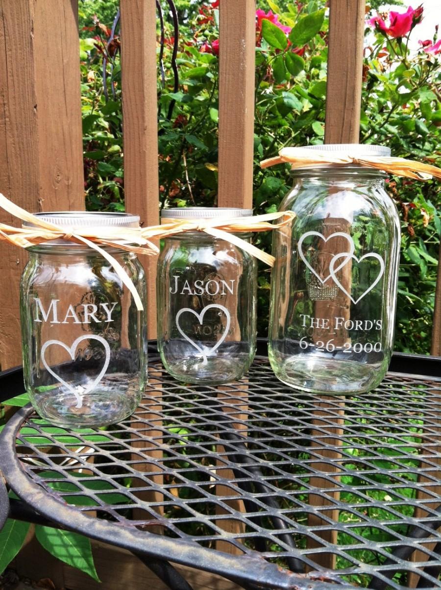 Hochzeit - 3 Piece Personalized Mason Jar Sand Ceremony set  Wedding Ceremony  Names 1 Large Jar 2 small Jars with hearts
