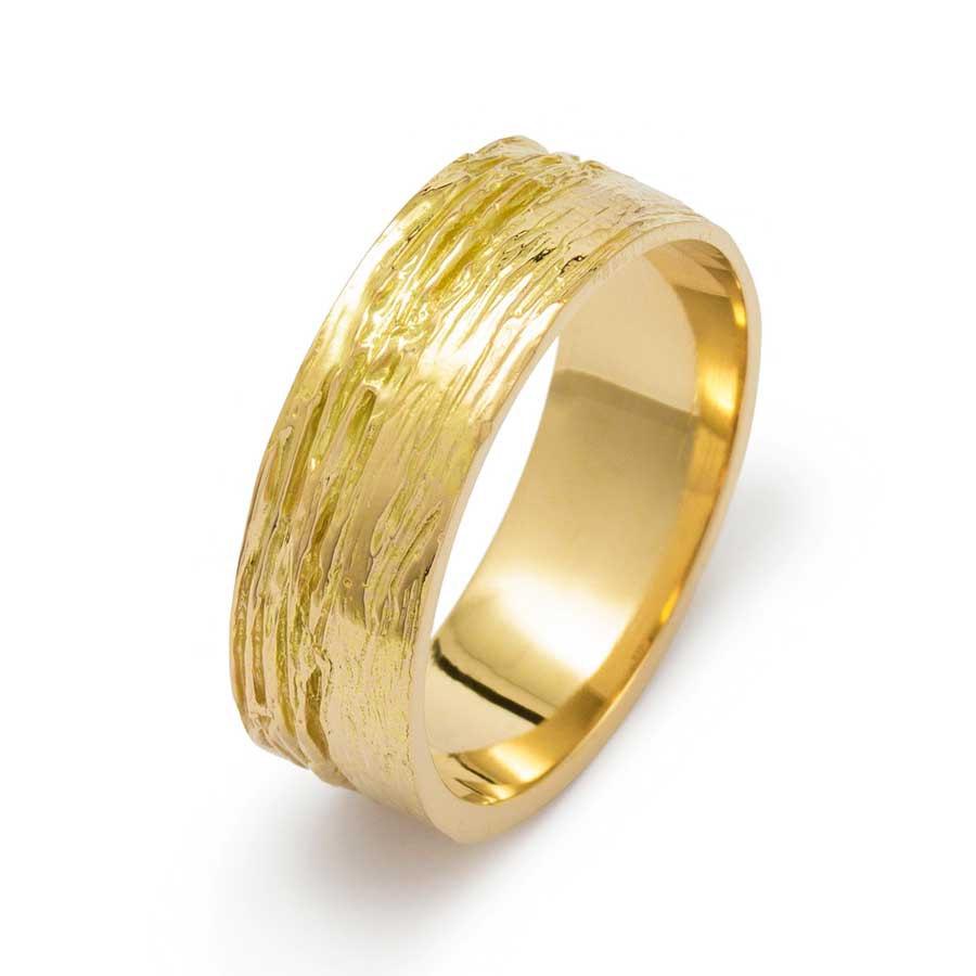 Mariage - Mens Wood Grain Wide Matte Wedding Band in Yellow Gold