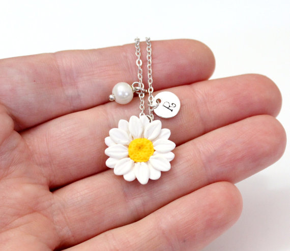Wedding - Daisies White Necklace, White Pendant, Personalized Initial Disc Necklace, Bridesmaid Necklace, White Bridesmaid Jewelry, Daisies Flower