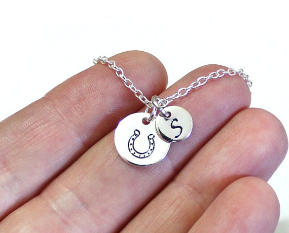 Hochzeit - Horseshoe Initial Hand Stamped Jewelry, Sterling Silver Personalized Hand Stamped Necklace, Birthday Gift for Horse Lovers