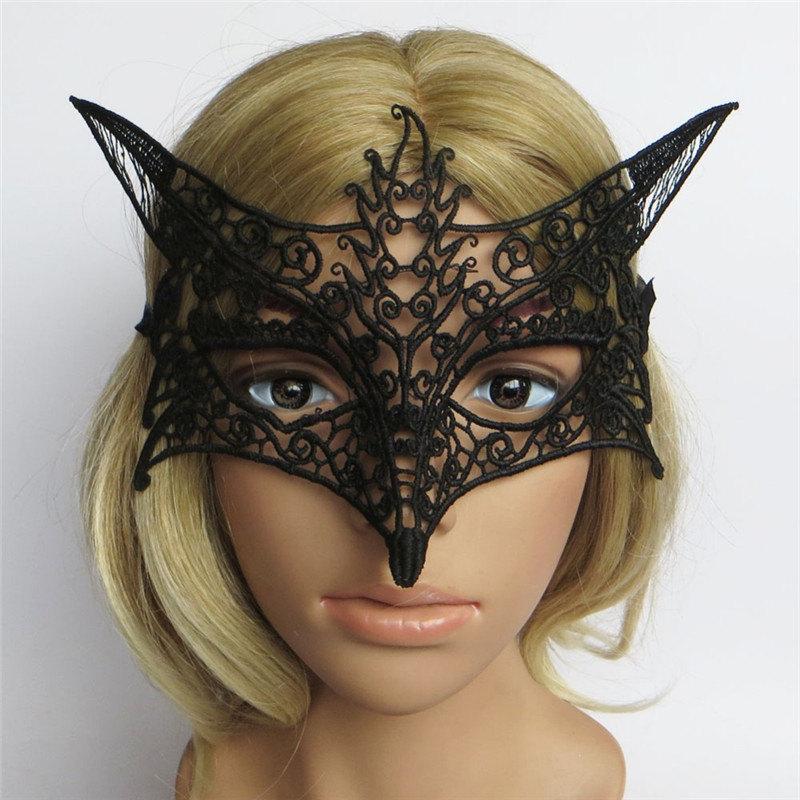 Mariage - Fox Mask Black Sexy Lace Mask Cutout Eye Mask for Christmas Masquerade Party Fancy Dress Costume