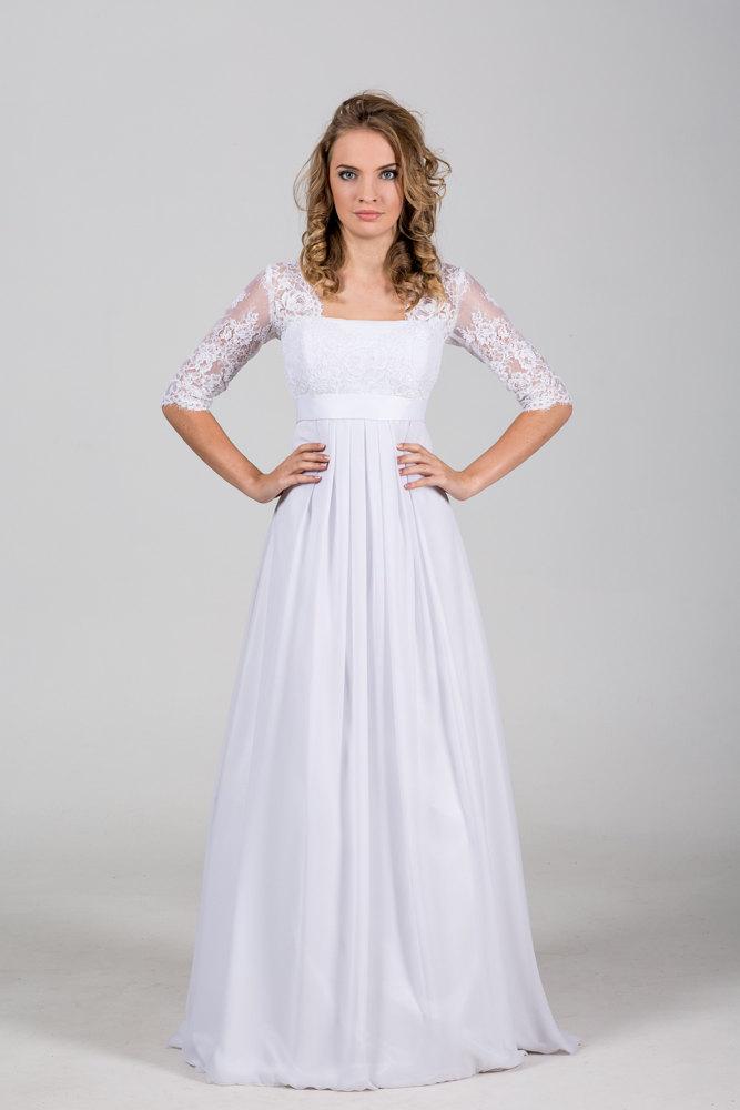 Свадьба - Boho Vintage Inspired Wedding Dress with Chantelle Lace Corset, Cutout, Sleeves, Chiffon Skirt, Belt, Bohemian
