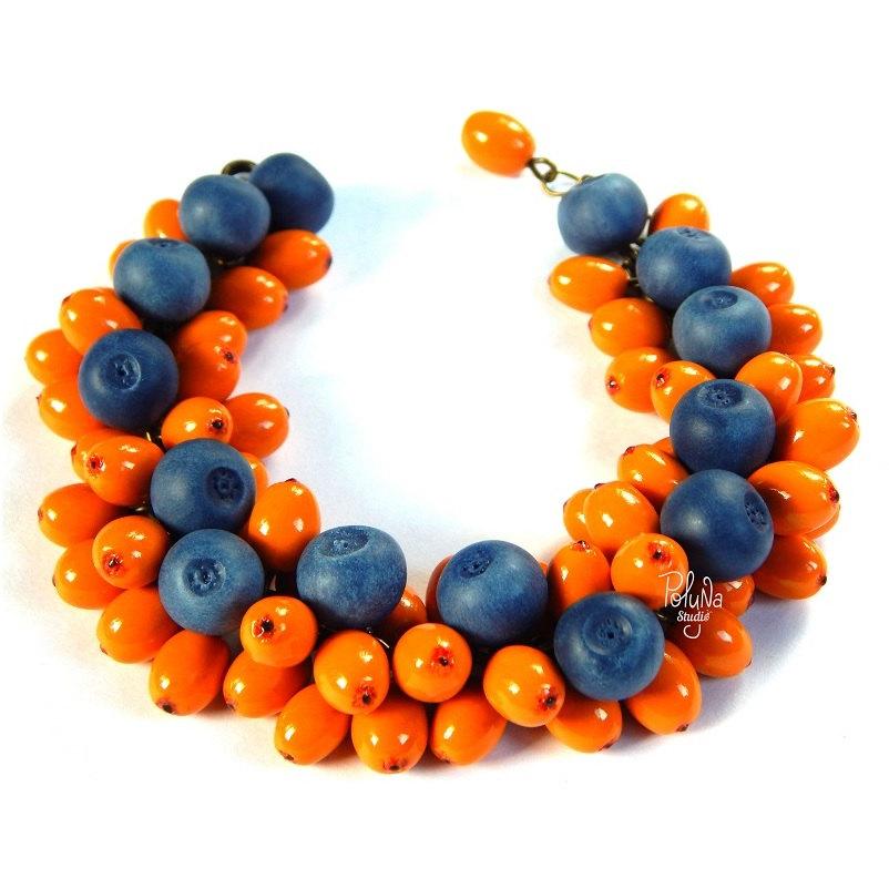 Wedding - Cute summer berry charm bracelet - Handmade woodland bracelet - Gift for her - eco rustic wedding - orange Jewelry - sea buckthorn blueberry