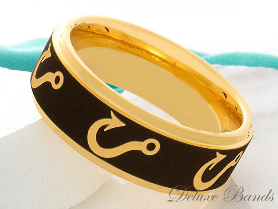 Wedding - Tungsten Wedding Band 8mm Two Tone Outdoor Mens Ring Tunsgten Band Fish Hook Pattern Ring Black and Yellow Gold Mens Womens Ring Comfort Fit