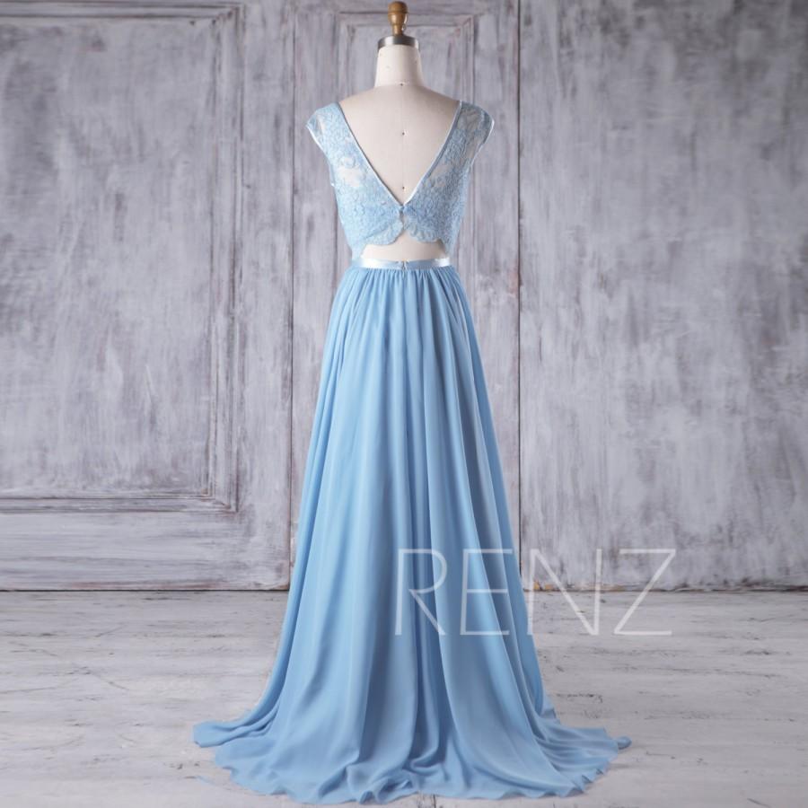 Mariage - 2017 Light Blue Chiffon Bridesmaid Dress, Lace Illusion Wedding Dress, Scoop Neck Prom Dress, A Line Formal Dress Floor Length (H369)