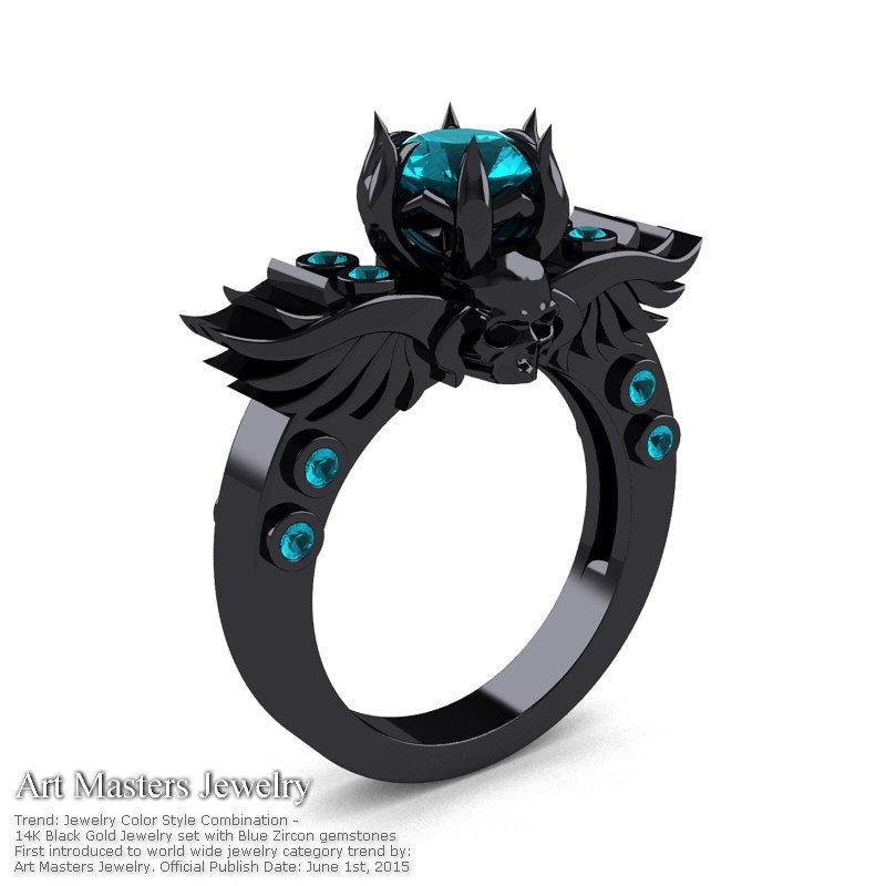 Mariage - Art Masters Classic Winged Skull 14K Black Gold 1.0 Ct Blue Zircon Solitaire Engagement Ring R613-14KBGBZ