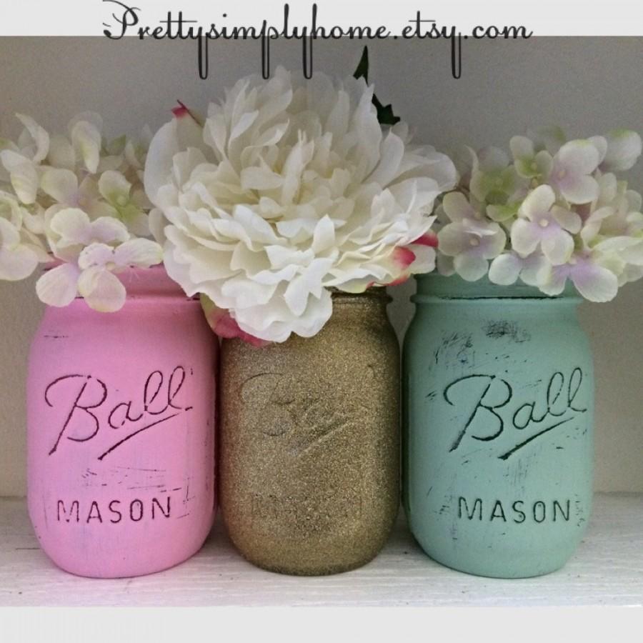 Wedding - Glitter Mason Jar Set, Wedding Centerpieces, Shower Centerpieces, Gold, Mint and Pink Jars, Glitter Jars, Flower Vases, Center Pieces, Decor