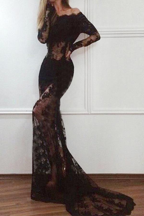 زفاف - Mermaid Black Long Sleeves Lace Off the Shoulder Sweep Train Prom Dress