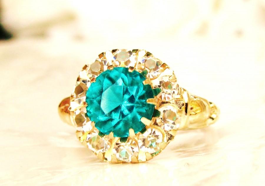 Wedding - Antique Engagement Ring 2.37ctw Green & Clear Glass Halo Ring Imitation Emerald Alternative Engagement Ring 10K Gold May Birthstone Ring
