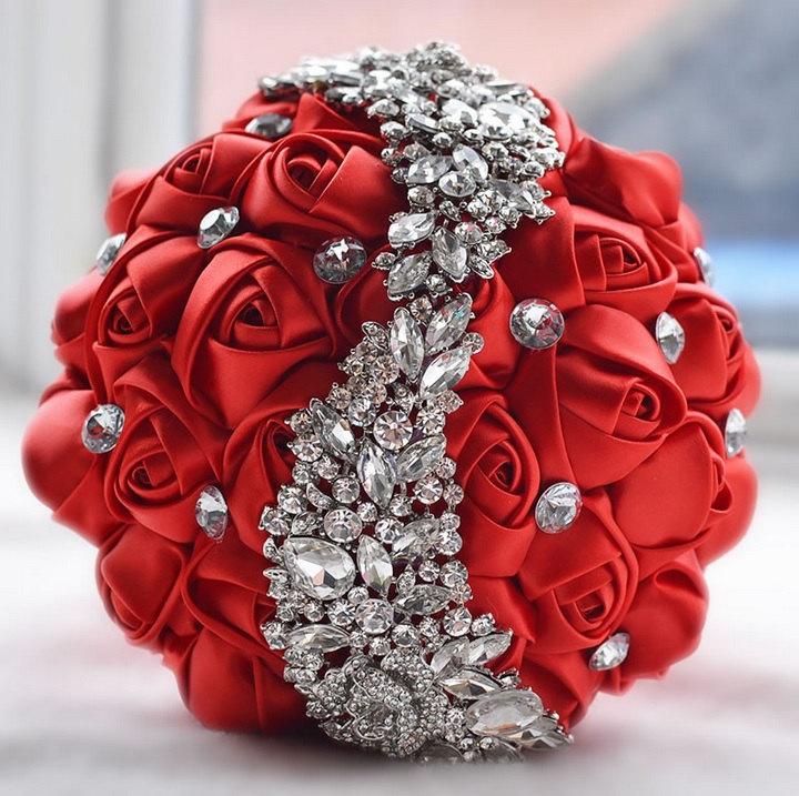 Wedding - Red Satin Bridal Bouquet - Roses Pearls Crystals
