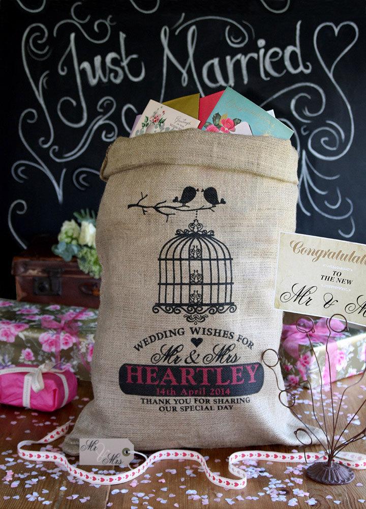 Mariage - Personalized wedding card post box sack, vintage birdcage design, wedding card holder from Hessian and Burlap.