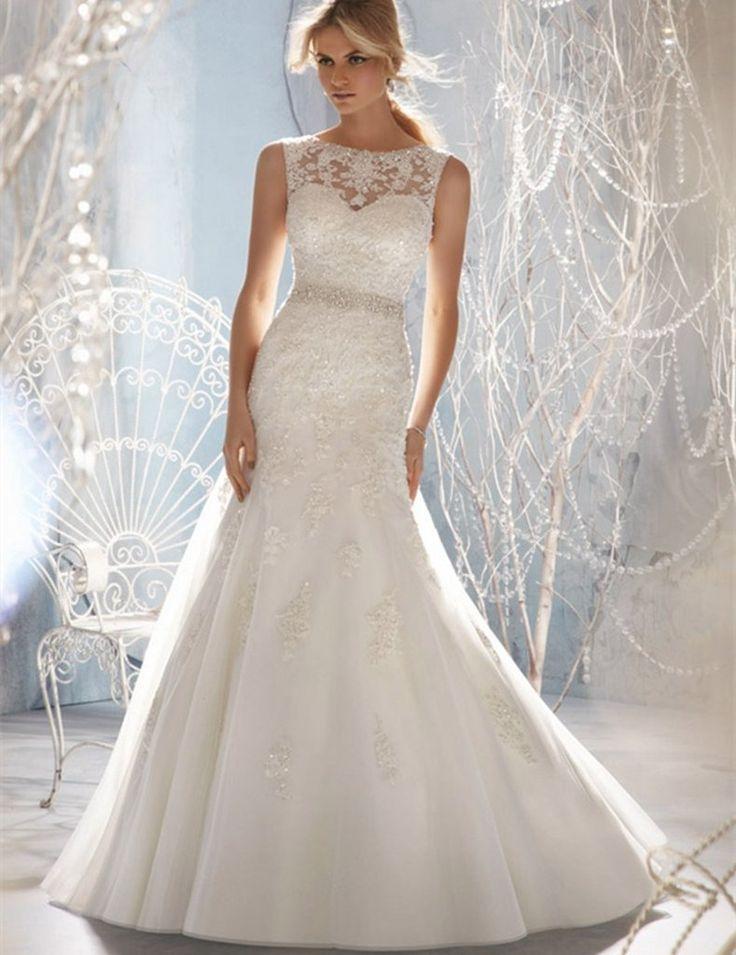 Mariage - Wedding Dresses Modest A-line Sheer Sweetheart Applique Lace Beaded Belt Backless Wedding Dress