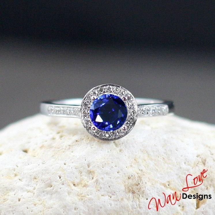 Hochzeit - Blue Sapphire & Diamond Halo Engagement Ring channel set Round .8ct 5mm 14k 18k White Yellow Rose Gold-Platinum-Custom made-Wedding-Promise