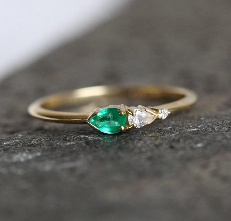 Wedding - Emerald And Diamond Ring, Diamond Emerald Ring, Cluster Ring, Three Stone Ring, Tiny Cluster Ring, Emerald Cluster Ring, Emerald Pear Ring