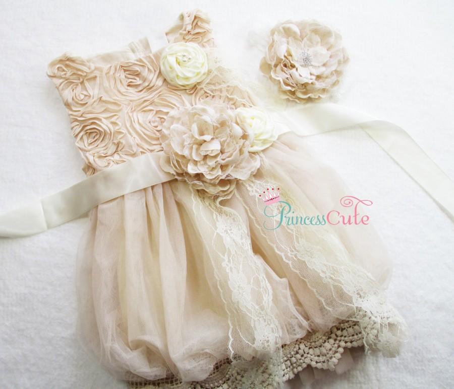 Wedding - Country Flower Girl Dress, Rustic Flower Girl Dresses, READY TO SHIP, Ivory Flower Girl Dress, Rosette Flower Girl Dress