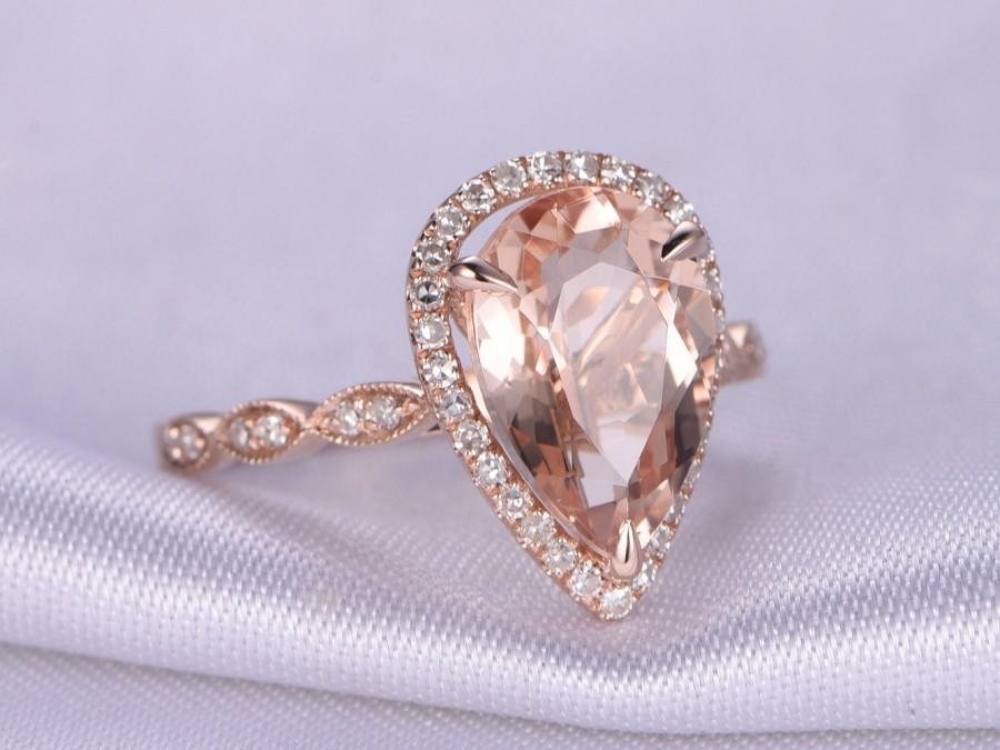 Свадьба - 8x12mm Pear Cut Pink Morganite Engagement ring,14k Rose gold Morganite Ring,diamond Wedding Ring,Bridal Ring,art deco antique style,Marquise