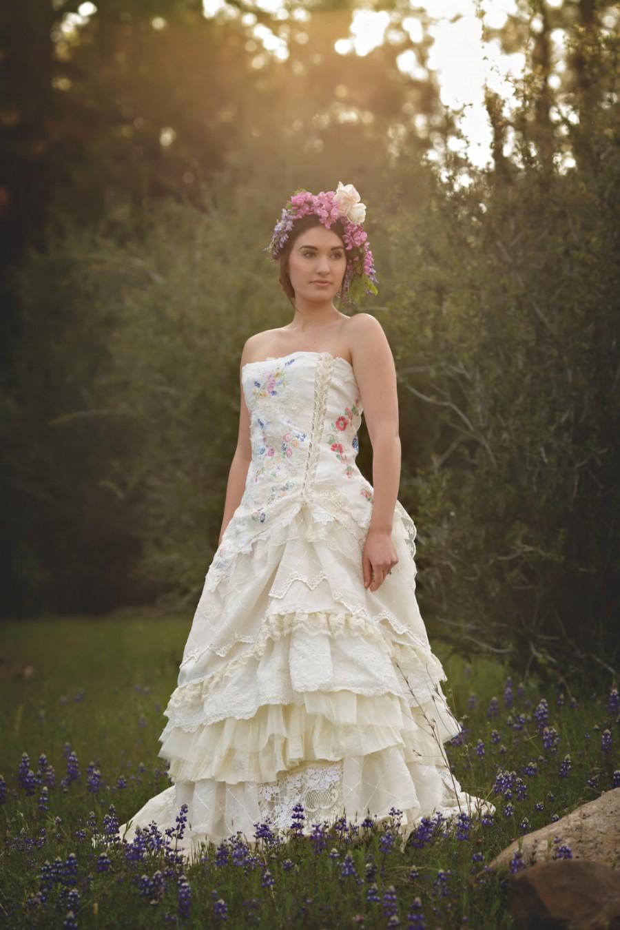 Wedding - Wildflower Wedding Gown,Bohemian Wedding Dress,  Embroidered Corset Bridal Gown,  Storybook Romance  Wedding Dress, Nature Bride