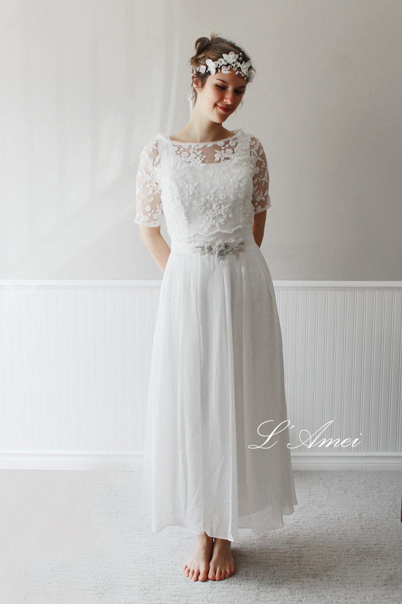 Свадьба - Exquisite1970's Paris Inspired Ivory White Vintage-Style Wedding Dress with Short-Sleeved Embroidered Lace Bolero