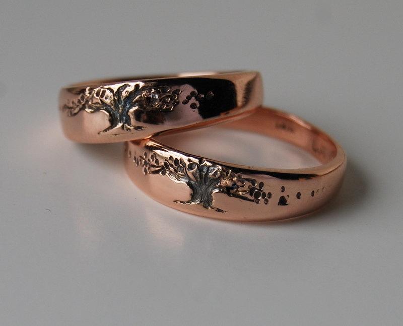 Hochzeit - Tree of Life Wedding Band Set 14K Rose Gold, 5.5mm tapered his-hers-his hers unisex tree design