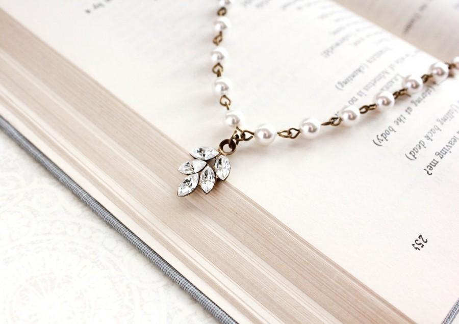 زفاف - Bridal Necklace Rhinestone Necklace Ivory Cream Pearl Chain Necklace Wedding Jewelry Crystal Glass Leaf Pendant Vintage Style Charm
