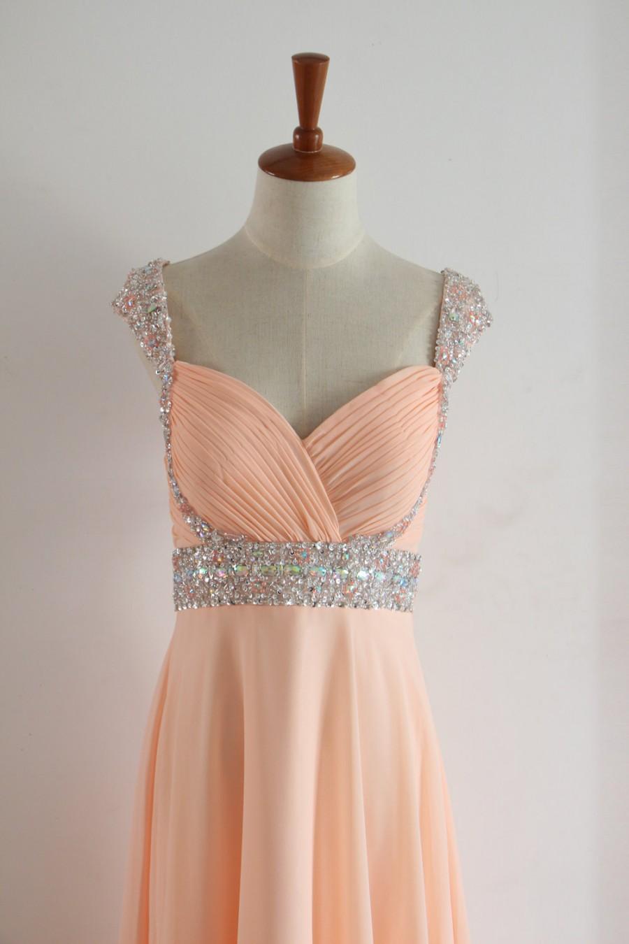 Свадьба - Peach Floor-length Beading Prom Dress with Straps Bling Long Chiffon Peach Bridesmaid Dress