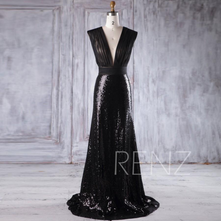 Mariage - 2016 Black Sequin Bridesmaid Dress, Deep V Neck Wedding Dress, V Back Prom Dress, Sexy Ball Gown, Evening Gown Full Length (HQ365)