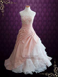 Wedding - Halter Blush Pink Ball Gown Wedding Dress With Organza Ruffles 