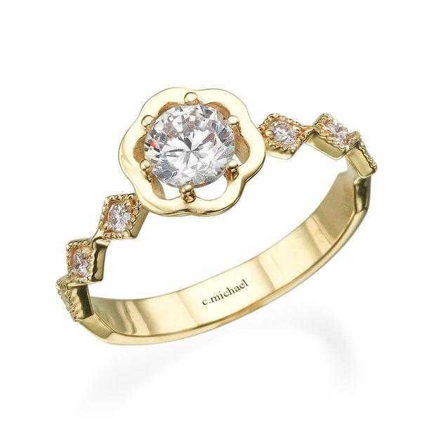 Mariage - Promise Ring, Engagement Ring, 14K yellow Ring, Statement Ring, Unique Engagement, Floral Ring, Diamond ring, Flower Ring, yellow Engagement