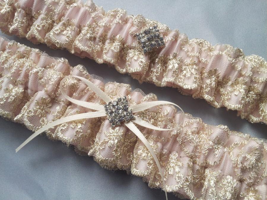 Hochzeit - Blush Pink Soft Gold Lace Bridal Garter Set with Rhinestone Accent Bridal Wedding Garter Tea Rose