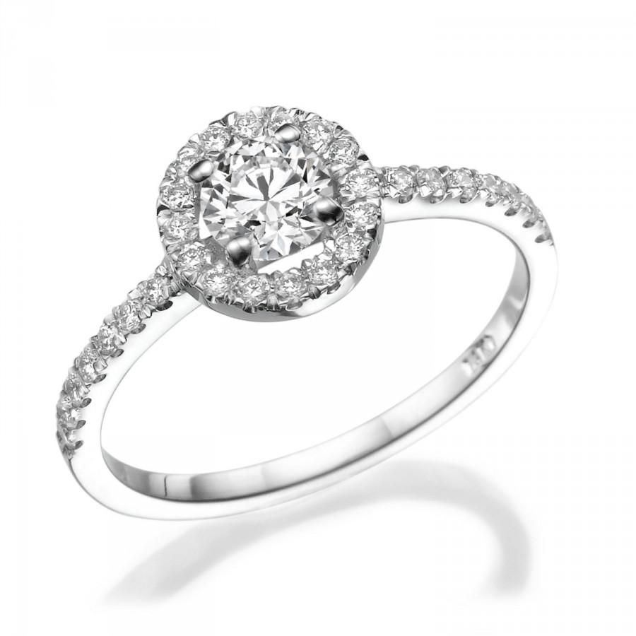 زفاف - Halo Diamond Engagement Ring, 14K White Gold Ring Band, 0.6 CT Diamond Ring, Unique Engagement Ring, Halo Ring Size 5.5