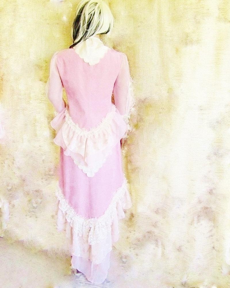 Hochzeit - Victorian inspired bohemian pink wedding suit hi low skirt bolero jacket with mutton sleeves and bustle