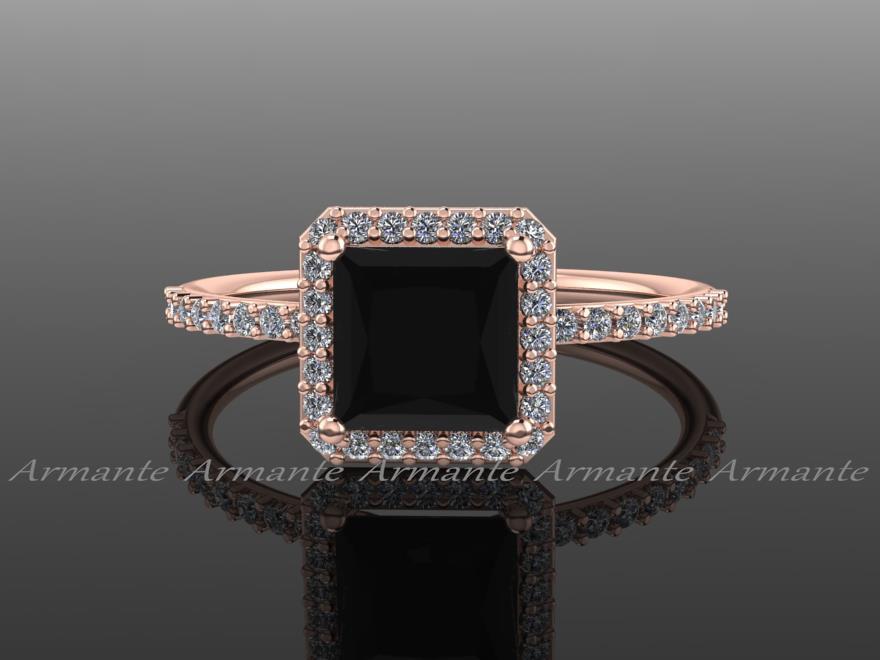 Hochzeit - Princess Cut Black Diamond Engagement Ring, White And Black Diamond 14k Rose Gold Halo Ring, Wedding Ring Re0010