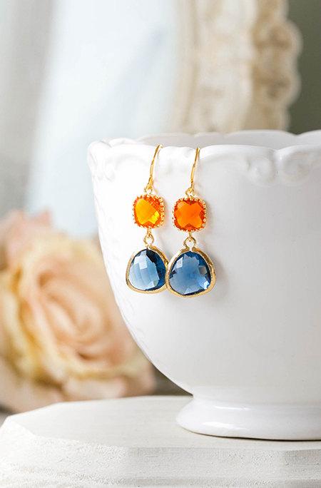 Mariage - Orange Tangerine Sapphire Blue Earrings Gold Dangle Earrings Montana Blue Navy Blue Glass Drop Earrings Wedding Earrings Bridesmaid Gift