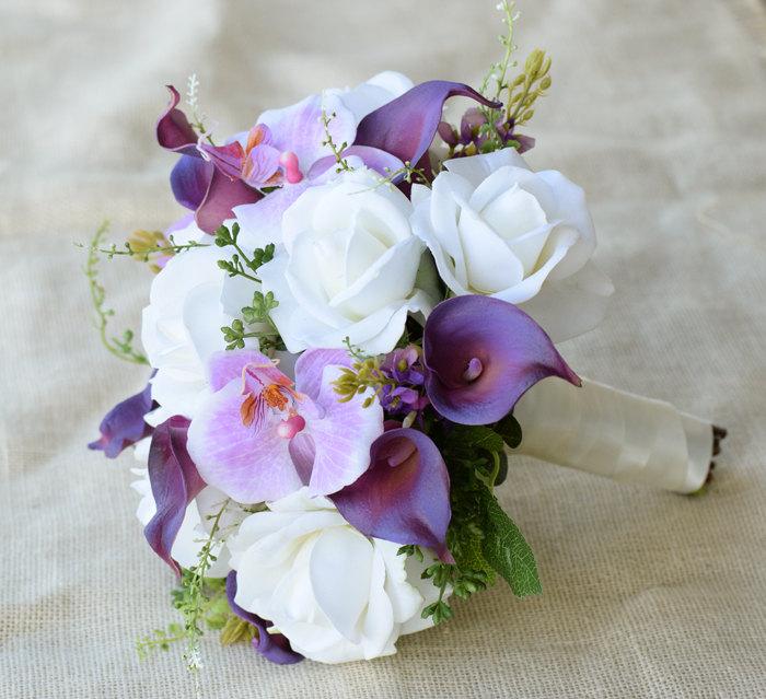 Hochzeit - Wedding Purple Mix of  Orchids, Callas and Roses Silk Flower Bride Bouquet - Lilac Lavender