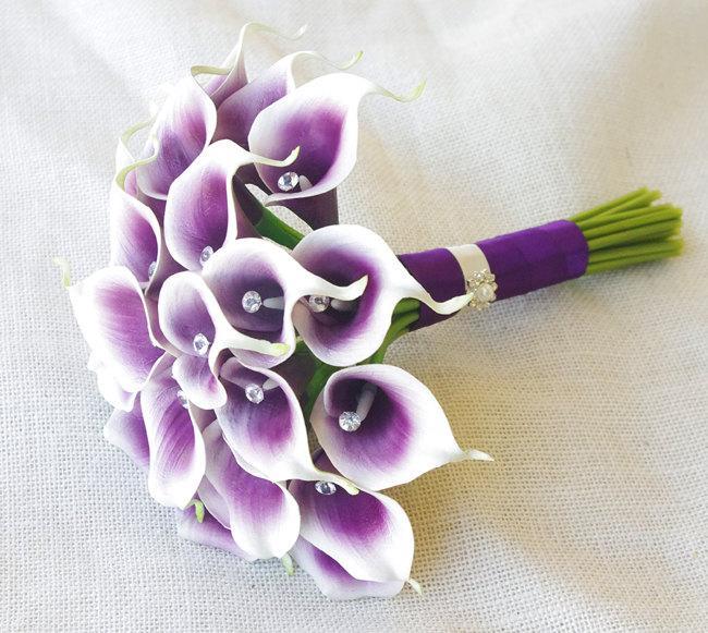 Wedding - Silk Flower Wedding Bouquet - Purple Heart Calla Lilies Natural Touch with Crystals Silk Bridal Bouquet