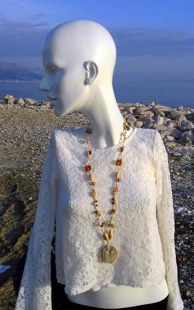 زفاف - Wooden necklace, rope necklace, unique gift for woman, sea necklace, natural, eco necklace, stone necklace, brown necklace, cord necklace