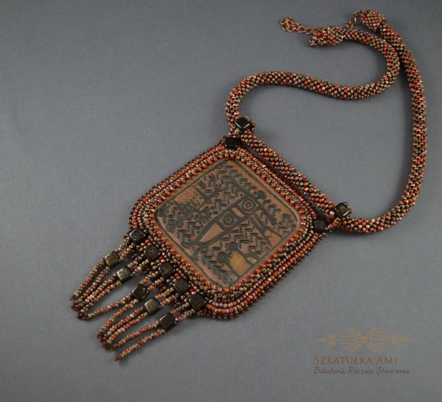 Свадьба - Large Beaded Stone Necklace  Earth Tone Tribal Jewelry Ceramic Pendant  Peyote Glass Seed Bead Rope Necklace  Statement Piece  women