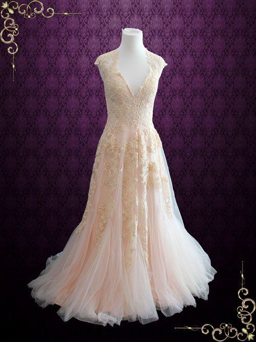 Hochzeit - Blush Pink Boho Beach Lace Wedding Dress With Plunging Neckline 