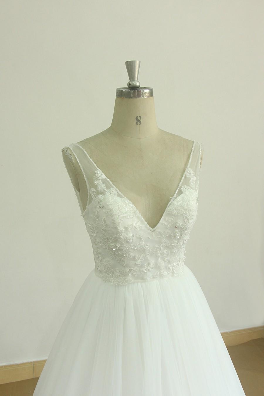 Mariage - Open back deep V neckline off white a line tulle lace wedding dress with cathedral train