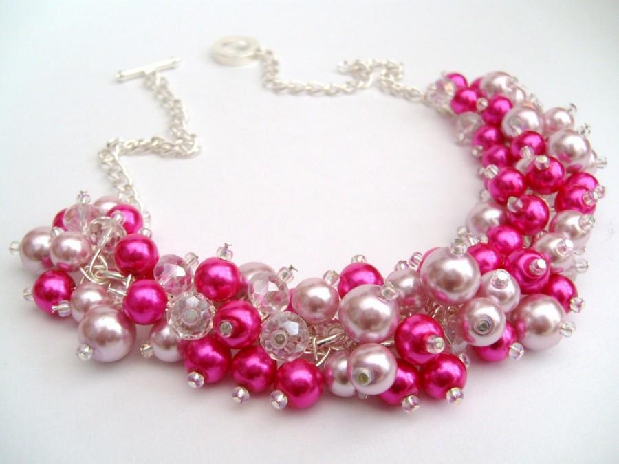 زفاف - Hot Pink Pearl Beaded Necklace, Hot Pink Bridesmaid Jewelry, Cluster Necklace, Chunky Necklace, Bridesmaid Gift, Bridesmaid Necklace