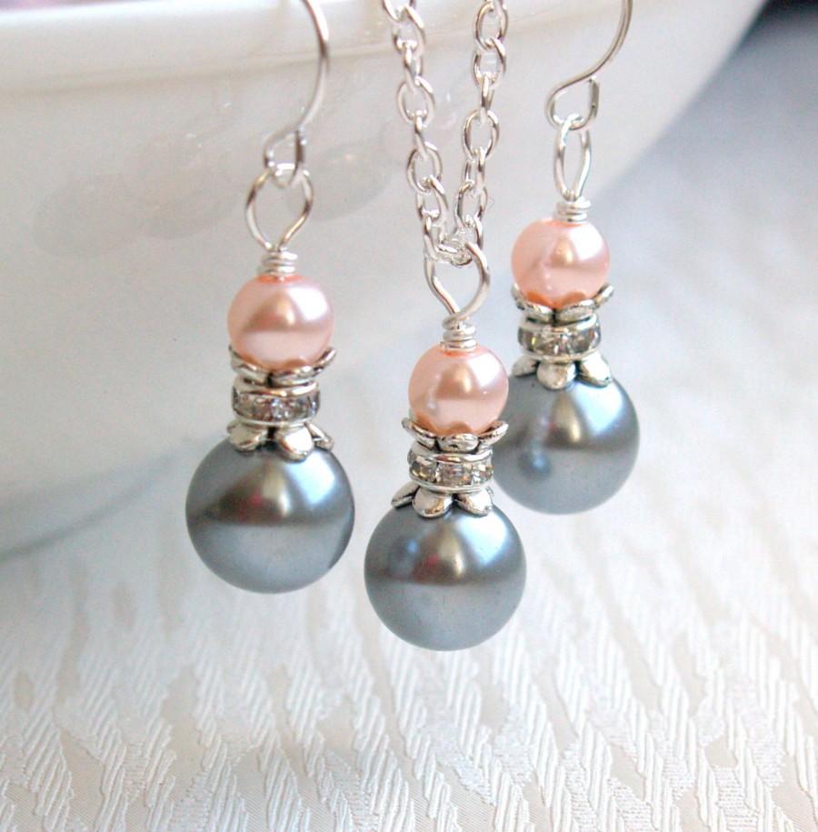 Wedding - Blush Light Gray Necklace And Earrings Set, Bridesmaid Gift Jewelry, Pink And Gray Pearl Jewelry Set Wedding Party Rhinestone Jewelry