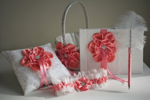 Mariage - Coral Flower Girl Basket  Coral Ring Bearer Pillow  Coral Bridal Garter  Coral Guest Book with Pen  Coral Wedding Pillow Basket Set