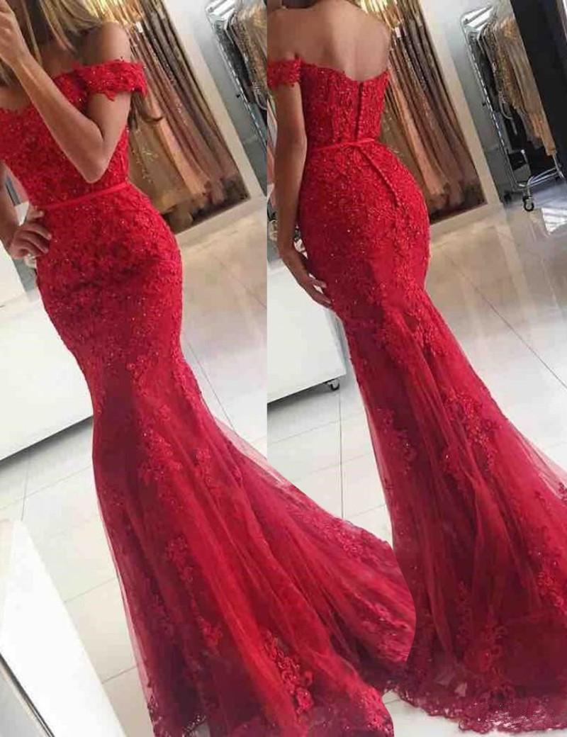 زفاف - Fancy Off Shoulder Sweep Train Mermaid Red Prom Dress with Sash Lace