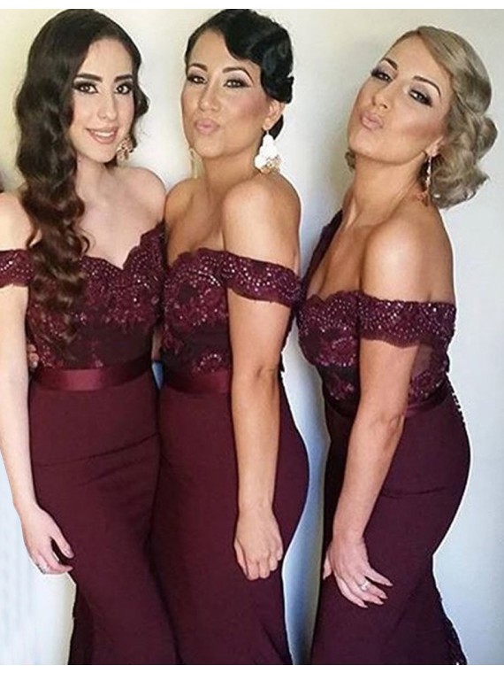 Wedding - Buy Stylish Burgundy Mermaid Off the Shoulder Sequins with Lace Bridesmaid Dress Burgundy, from for $314.99 only in Main Website.
