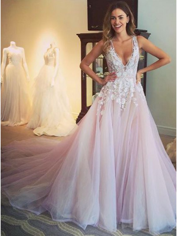 Wedding - Buy Glamorous Lilac V-Neck Sleeveless Sweep Train Appliques Prom Dress Lilac, from for $499.99 only in Main Website.